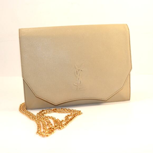 Vintage YSL Cream Saffiano Leather Envelope Clutch – Gold Hardware, Added Chain - Picture 1 of 8